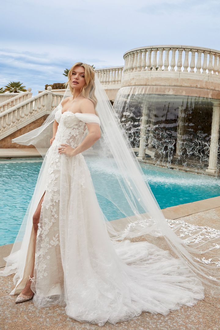 Casablanca Bridal 2455 Mae Wedding Dress Off the Shoulder A Line Lace with Slit 2 / Ivory/Nude/Ivory/Silver Casablanca Bridal 2455 Mae Wedding Dress Off the Shoulder A Line Lace with Slit 2 / Ivory/Nude/Ivory/Silver