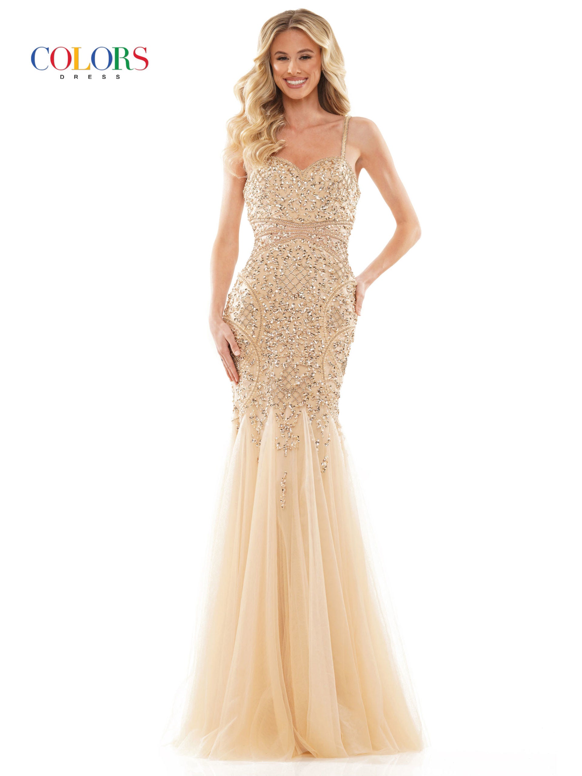 Colors Dress 2230 Gold Mermaid Prom or Evening dress with an all over delicately beaded bodice mermaid dress in sweet heart neckline, tulle godet, beaded strap