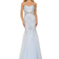 Colors Dress 2230 Light Blue Mermaid Prom or Evening dress with an all over delicately beaded bodice mermaid dress in sweet heart neckline, tulle godet, beaded strap