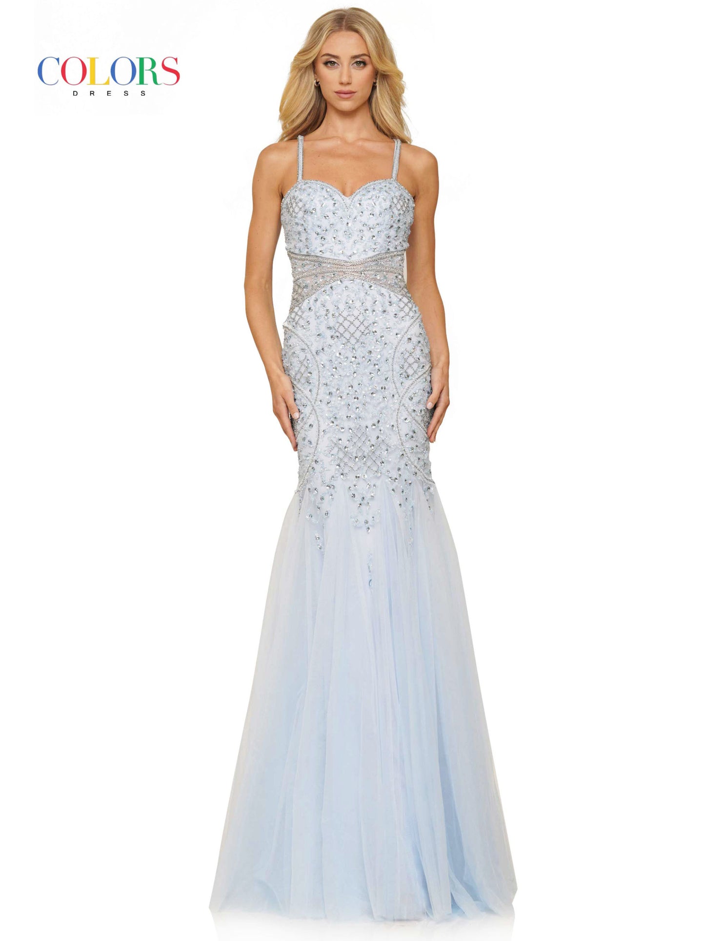 Colors Dress 2230 Light Blue Mermaid Prom or Evening dress with an all over delicately beaded bodice mermaid dress in sweet heart neckline, tulle godet, beaded strap