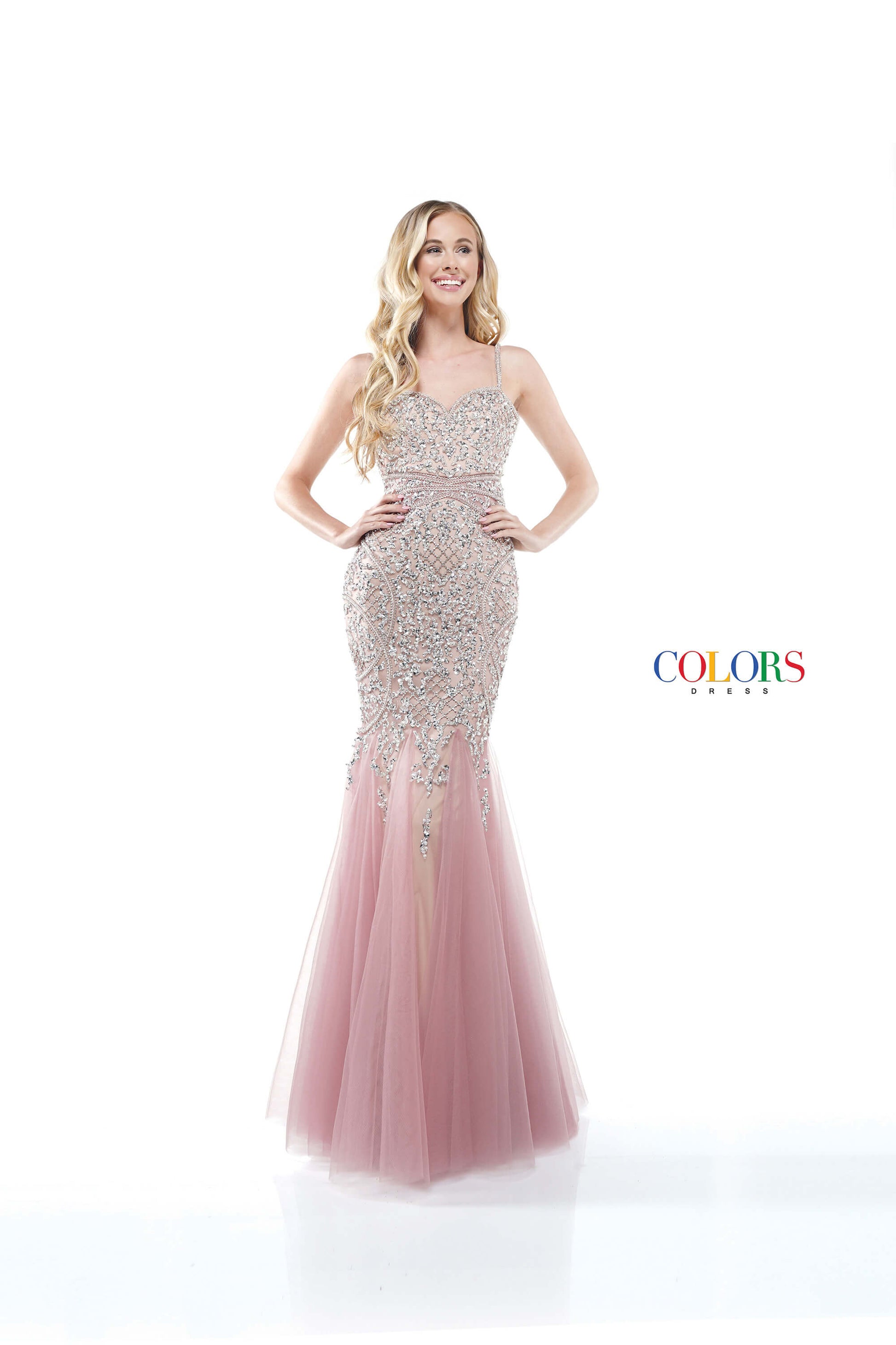 Colors Dress 2230 Mauve Mermaid Prom or Evening dress with an all over delicately beaded bodice mermaid dress in sweet heart neckline, tulle godet, beaded strap