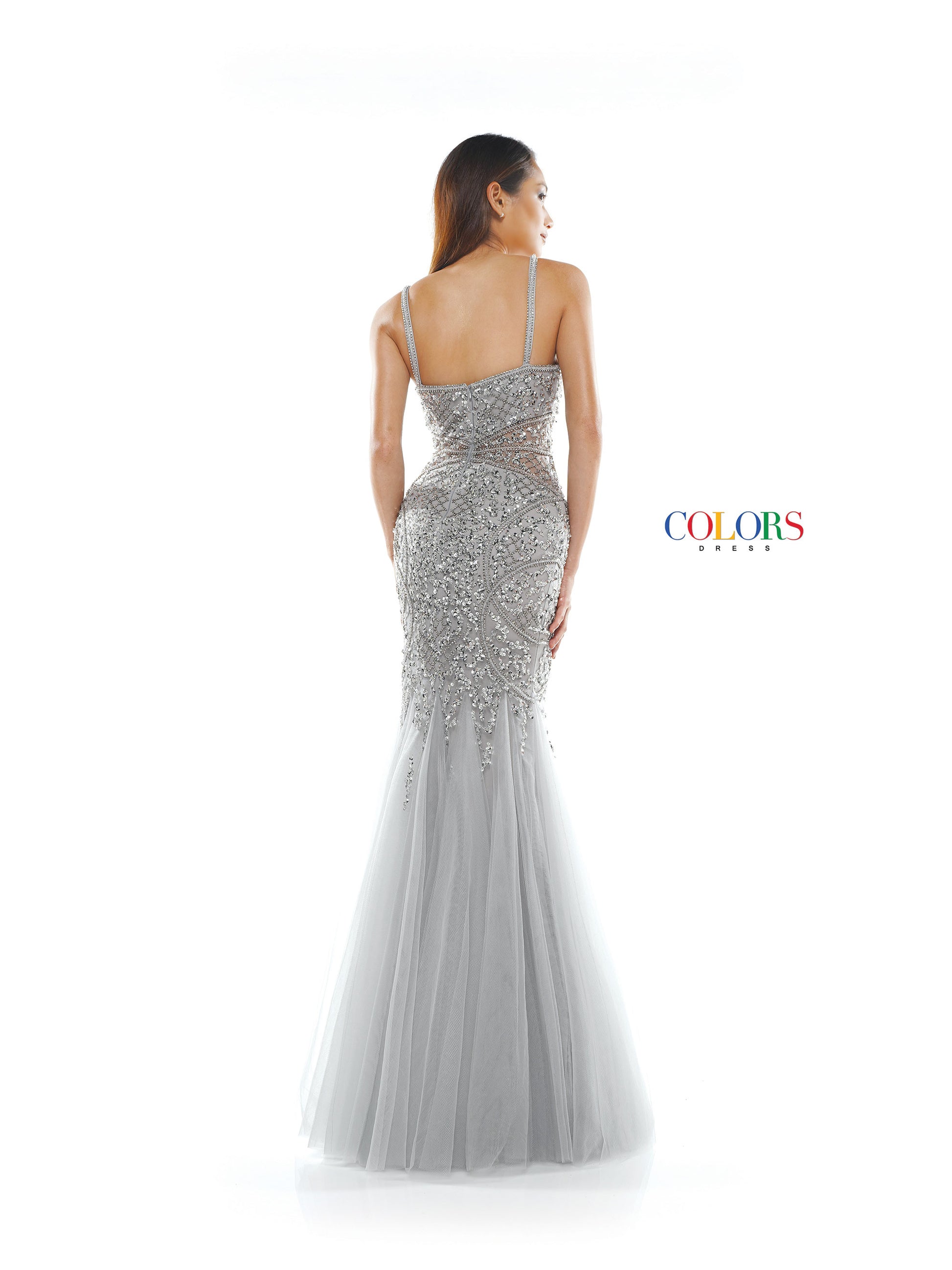 Colors Dress 2230 Silver Mermaid Prom or Evening dress with an all over delicately beaded bodice mermaid dress in sweet heart neckline, tulle godet, beaded strap