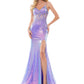 Colors Dress 2848 Iridescent sequins and lace Prom Dress.  47" sequin fit and flare gown with lace applique bodice, 5" horse hair hem and side slit. Lavender