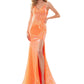 Colors Dress 2848 Iridescent sequins and lace Prom Dress.  47" sequin fit and flare gown with lace applique bodice, 5" horse hair hem and side slit. Orange