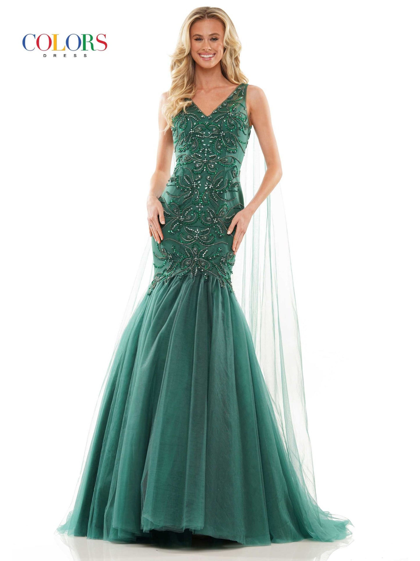 Colors Dress 2993 Mermaid Prom Dress with Capes 47"beaded mesh mermaid dress with V-neck, lace-up on back,  deep green