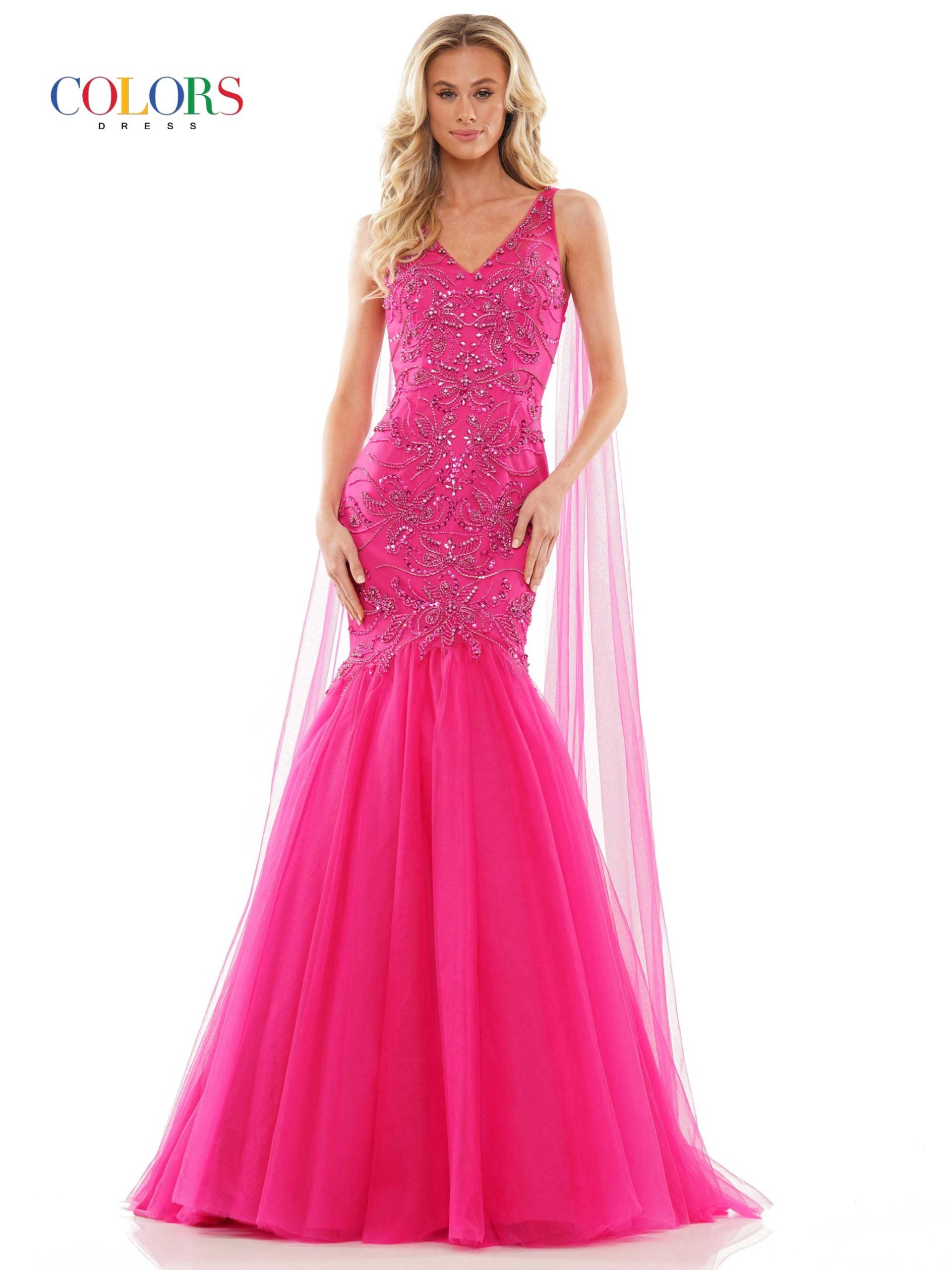 Colors Dress 2993 Mermaid Prom Dress with Capes 47"beaded mesh mermaid dress with V-neck, lace-up on back,  hot pink
