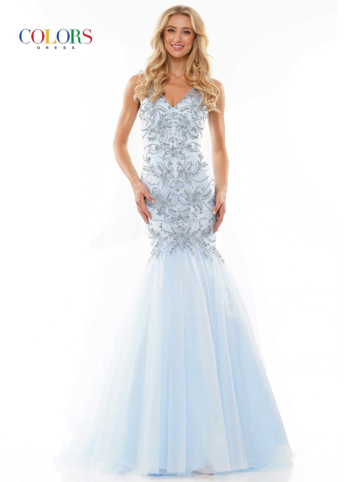 Colors Dress 2993 Mermaid Prom Dress with Capes 47"beaded mesh mermaid dress with V-neck, lace-up on back,  light blue