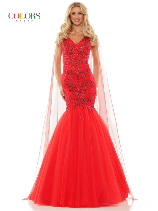 Colors Dress 2993 Mermaid Prom Dress with Capes 47"beaded mesh mermaid dress with V-neck, lace-up on back, back train.  Red size 6