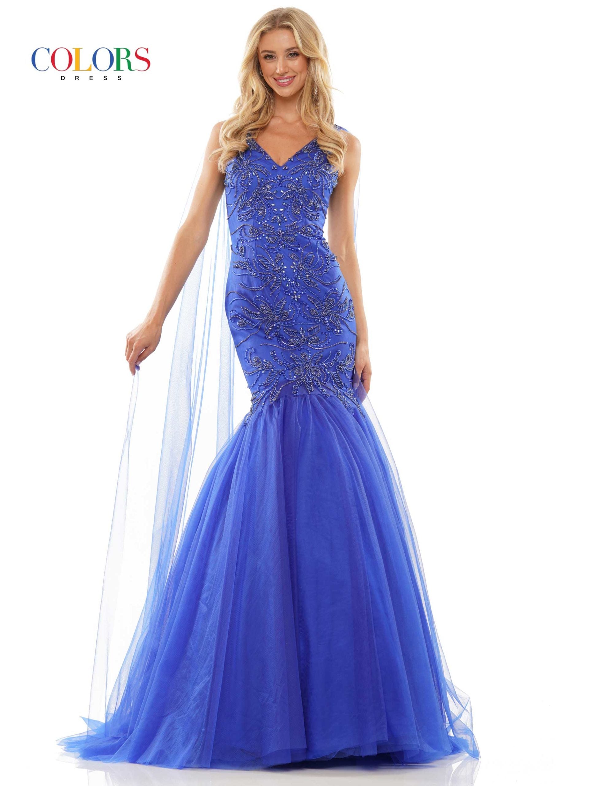 Colors Dress 2993 Mermaid Prom Dress with Capes 47"beaded mesh mermaid dress with V-neck, lace-up on back,  Royal blue