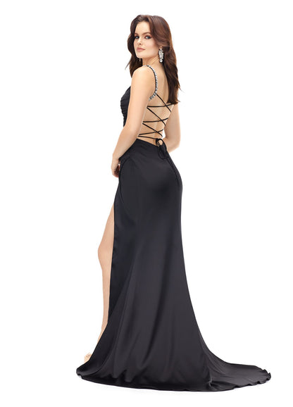 ASHLEYlauren 11298 Ruched Satin Gown with Lace Up Back