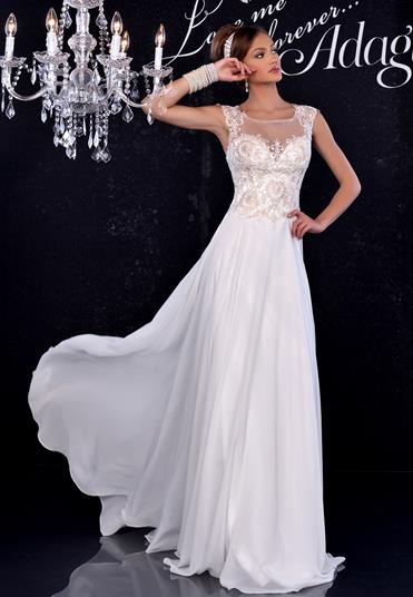 Adagio Bridal D9143 is a chiffon wedding dress with a sheer lace top & an open back cut out design.  sleeveless embroidered bodice flowing chiffon a line destination Bridal Gown. Wedding Dress Destination Wedding Dress   Colors: Ivory  Size: 10  Category:  Wedding Dresses, Bridal Gowns, Destination Bridal Dresses