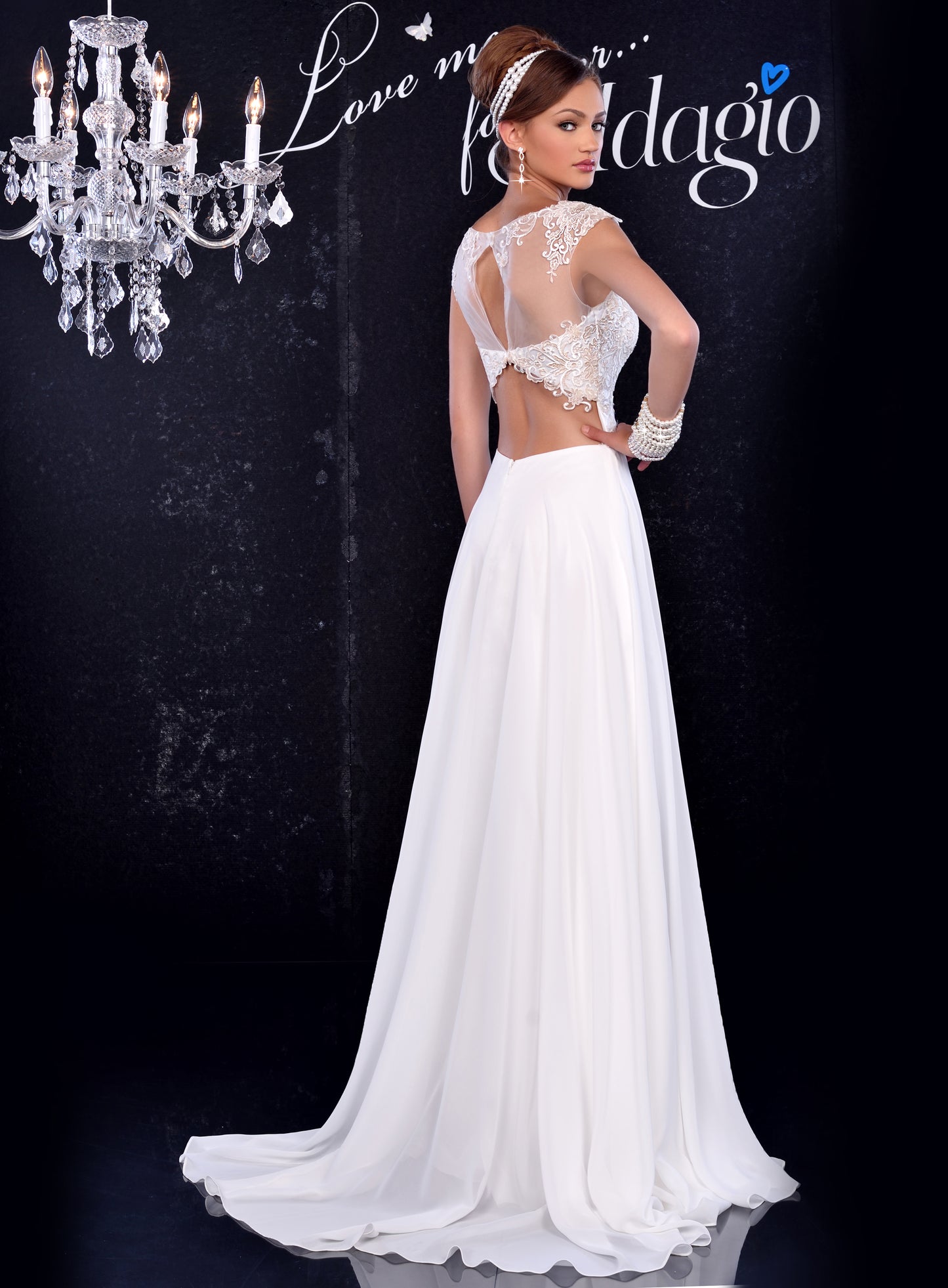 Adagio Bridal D9143 is a chiffon wedding dress with a sheer lace top & an open back cut out design.  sleeveless embroidered bodice flowing chiffon a line destination Bridal Gown. Wedding Dress Destination Wedding Dress   Colors: Ivory  Size: 10  Category:  Wedding Dresses, Bridal Gowns, Destination Bridal Dresses