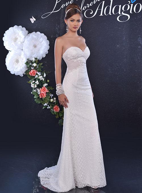 Adagio Bridal D9164 is a long Fitted Lace Destination Wedding Dress. This Strapless bridal gown features a sweetheart neckline. Waffle side cutouts for a slimming effect.