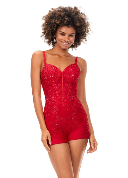 Ashley Lauren 11333 This spaghetti strap lace romper features lace applique thoroughout. The applique is adorned with heat set stones adding the perfect amount of sparkle. The detachable chiffon skirt completes the look. Spaghetti Straps Romper Detachable Chiffon Skirt COLORS: Black, Red