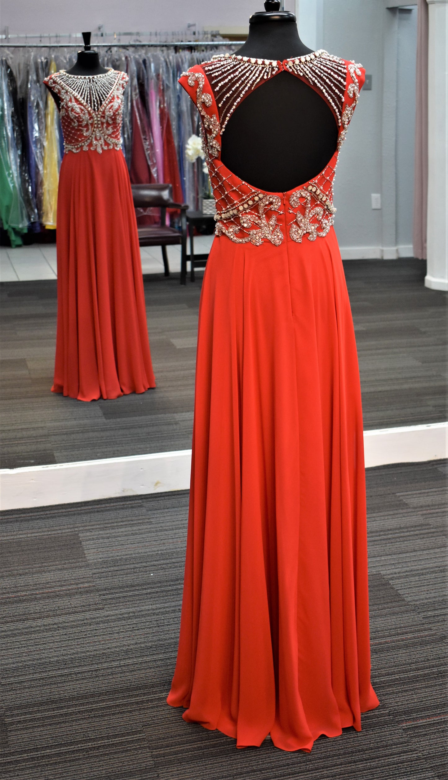 Jovani JVN31435 Size 6 Red sleeveless beaded Illusion Prom Dress gown Beaded