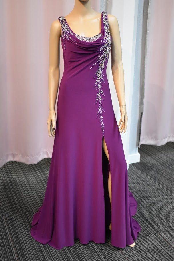 Xcite Prom Dress cowl neck evening gown Violet Size 2 slit Jersey Train