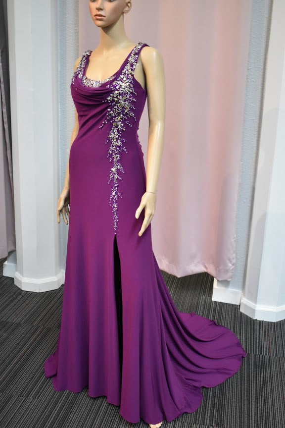 Xcite Prom Dress cowl neck evening gown Violet Size 2 slit Jersey Train