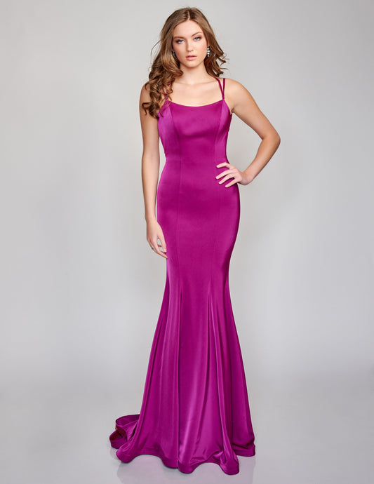 Nina Canacci 9142 This is a gorgeous fitted long prom dress that has a scoop neckline with double spaghetti straps that wrap around and lace up and tie in the open back.  The long mermaid skirt has horsehair trim. 