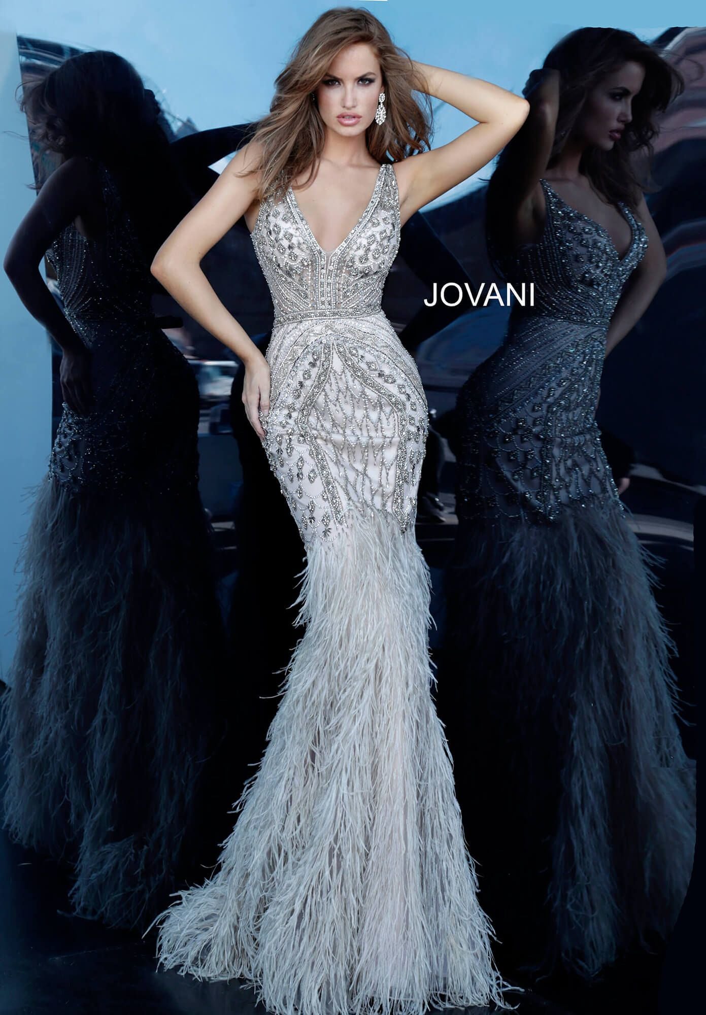 Jovani 02798 Sheer Feather Mermaid Embellished Formal Evening Gown Couture