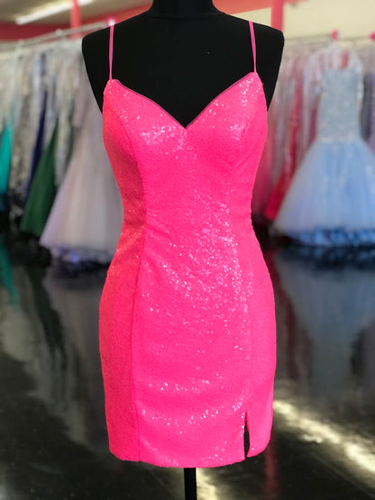 Dave & Johnny 10709 Short Sequin Fitted Cocktail Homecoming Dress Slit V Neck Formal Gown Spaghetti Straps  Sizes: 00, 2  Colors: Neon Pink