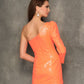 Dave & Johnny 10855 Short Fitted Long Sleeve One Shoulder Sequin Cocktail Dress Homecoming Gown Puff Shoulder, small slit in skirt Sizes: 0-16  Colors: Black, Hot Pink, Tangerine
