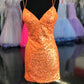 Dave & Johnny 10904 Short Iridescent Sequin Corset Homecoming Dress Cocktail Formal Backless lace up with ruched butt  sizes: 2, 8  Colors: Tangerine