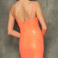 Dave & Johnny 10709 Short Sequin Fitted Cocktail Homecoming Dress Slit V Neck Formal Gown Spaghetti Straps  Sizes: 0-16  Colors: Tangerine, Hot Pink, Black