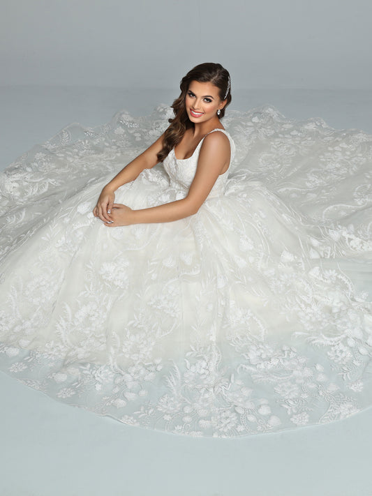 Davinci Bridal 50669 Ivory Wedding Dress Ballgown is a Gorgeous Shimmering A Line Ball gown with pockets! scoop neckline with wide straps. Pearlette accented shimmer lace.