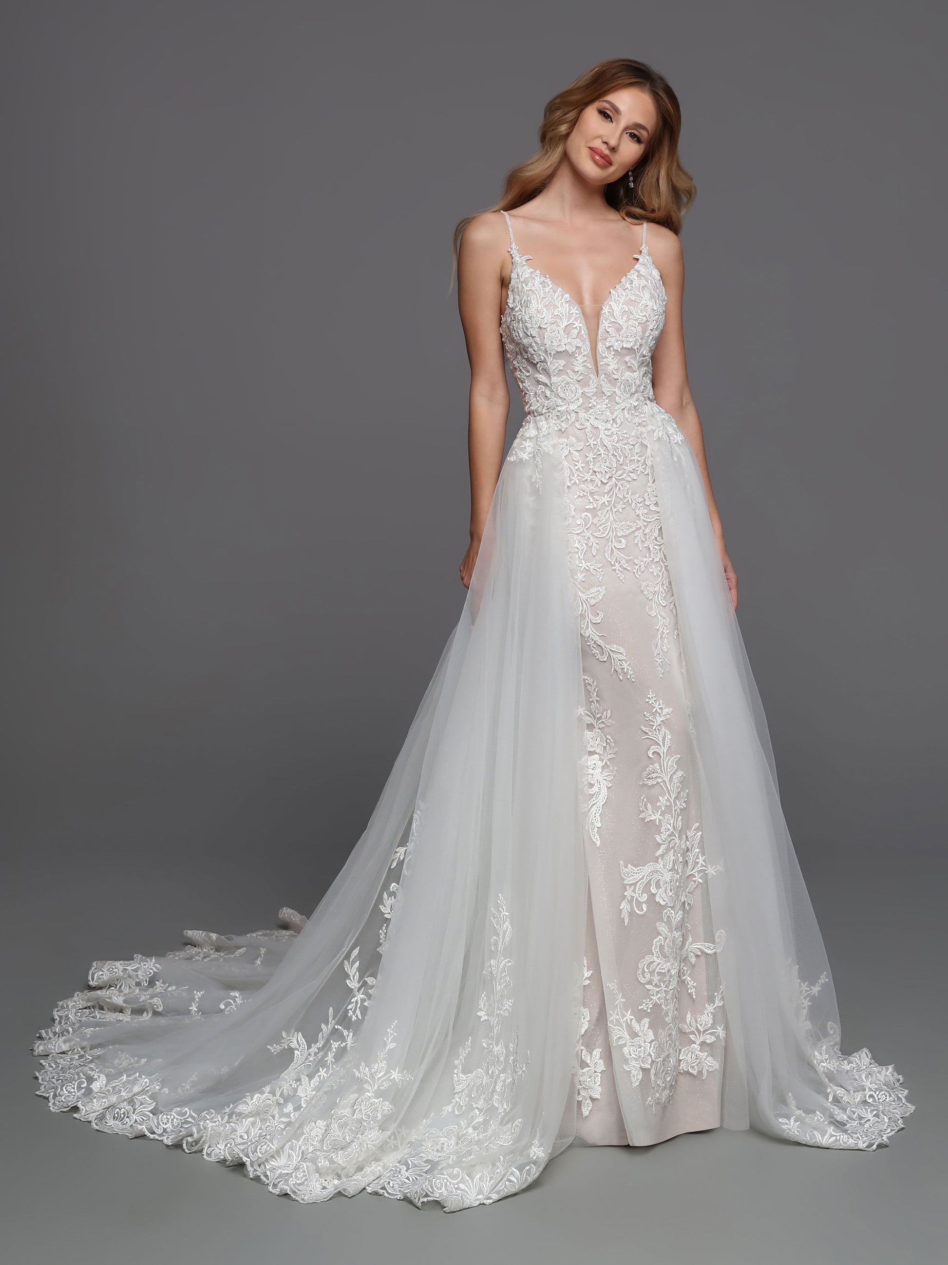 DaVinci Bridal 50720 Lace Wedding Dress Column Detachable Overskirt V Neckline Sheer Back 1416 / Ivory/Latte/Nude DaVinci Bridal 50720 Lace Wedding Dress Column Detachable Overskirt V Neckline Sheer Back 1416 / Ivory/Latte/Nude