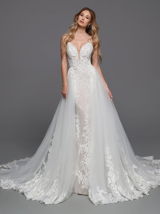 DaVinci Bridal 50720 Lace Wedding Dress Column Detachable Overskirt V Neckline Sheer Back  This is a long beautiful wedding dress with a deep v neckline and sheer panel.  The back is mid back and has sheer lace.  It is a long column bridal gown with a long train. Ivory