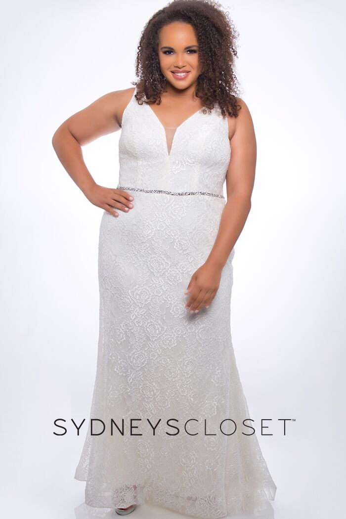 Sydneys Closet SC7279 fitted v neckline and v back with wide straps lace prom dress long evening gown with embellished waistline belt. Shimmering fabric wedding dress. 