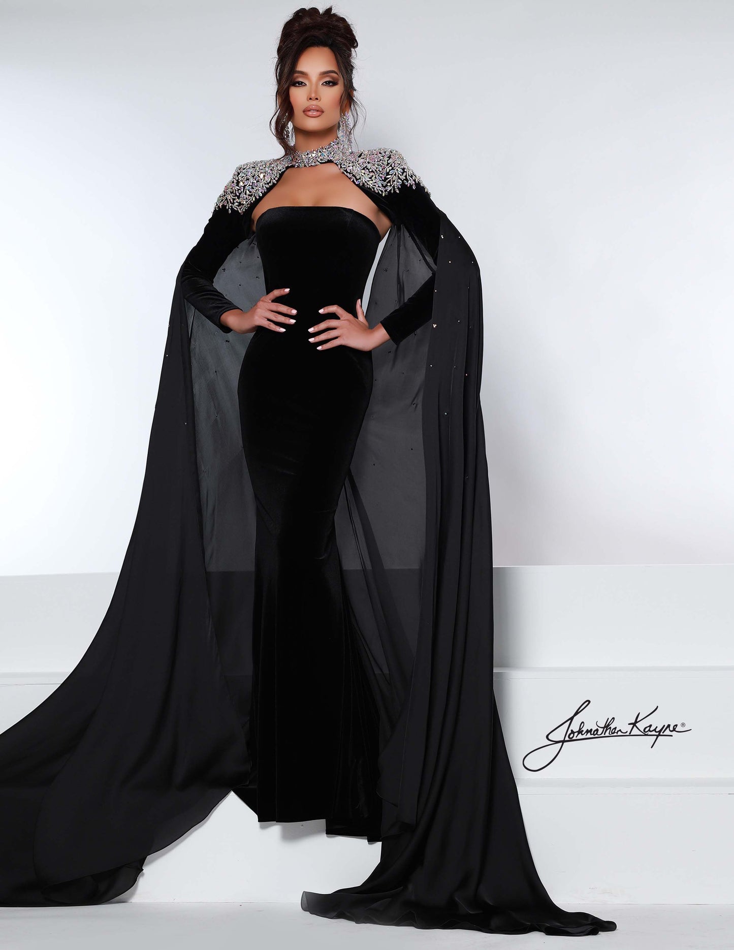 Johnathan Kayne Dress 2453 Velvet Pageant Long Prom Dress Crystal Bolero Jacket Embellished Cape