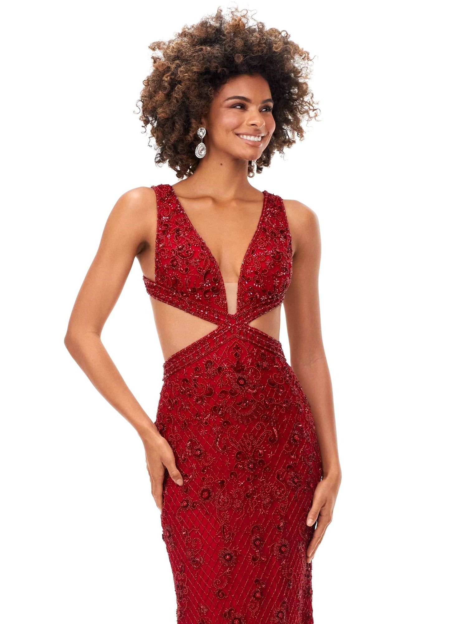 Ashley Lauren 11366 Turn heads in this v-neck gown with side cut outs and an intricate bead pattern. The gown is complete with a lace up open back and sweep train. V-Neckline Cut Outs Lace Up Back Sweep Train COLORS: Gold, Red, Lilac, Peacock