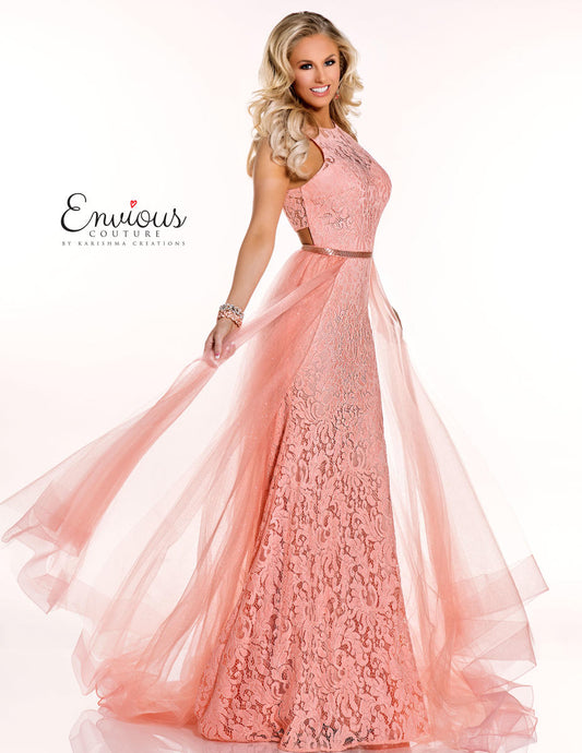 Envious Couture E1020 Size 6 Long Lace Dress overskirt Prom Glitter tulle Gown