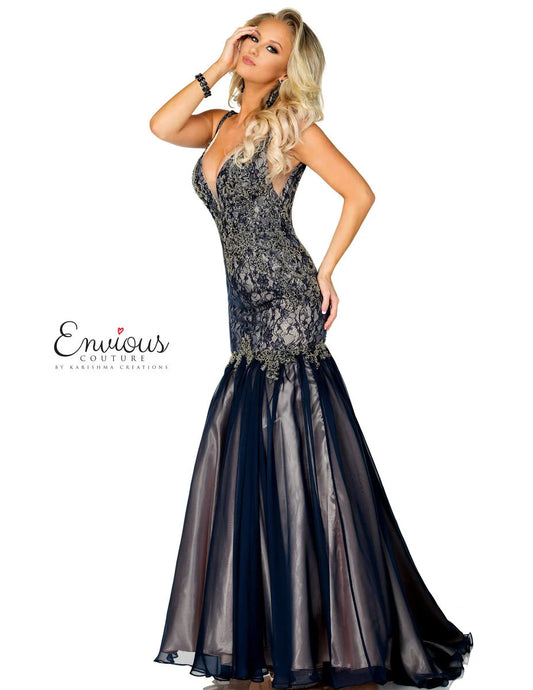 Envious Couture 1199 Size12, 14 Navy Lace Chiffon Mermaid Pageant Dress Prom Gown