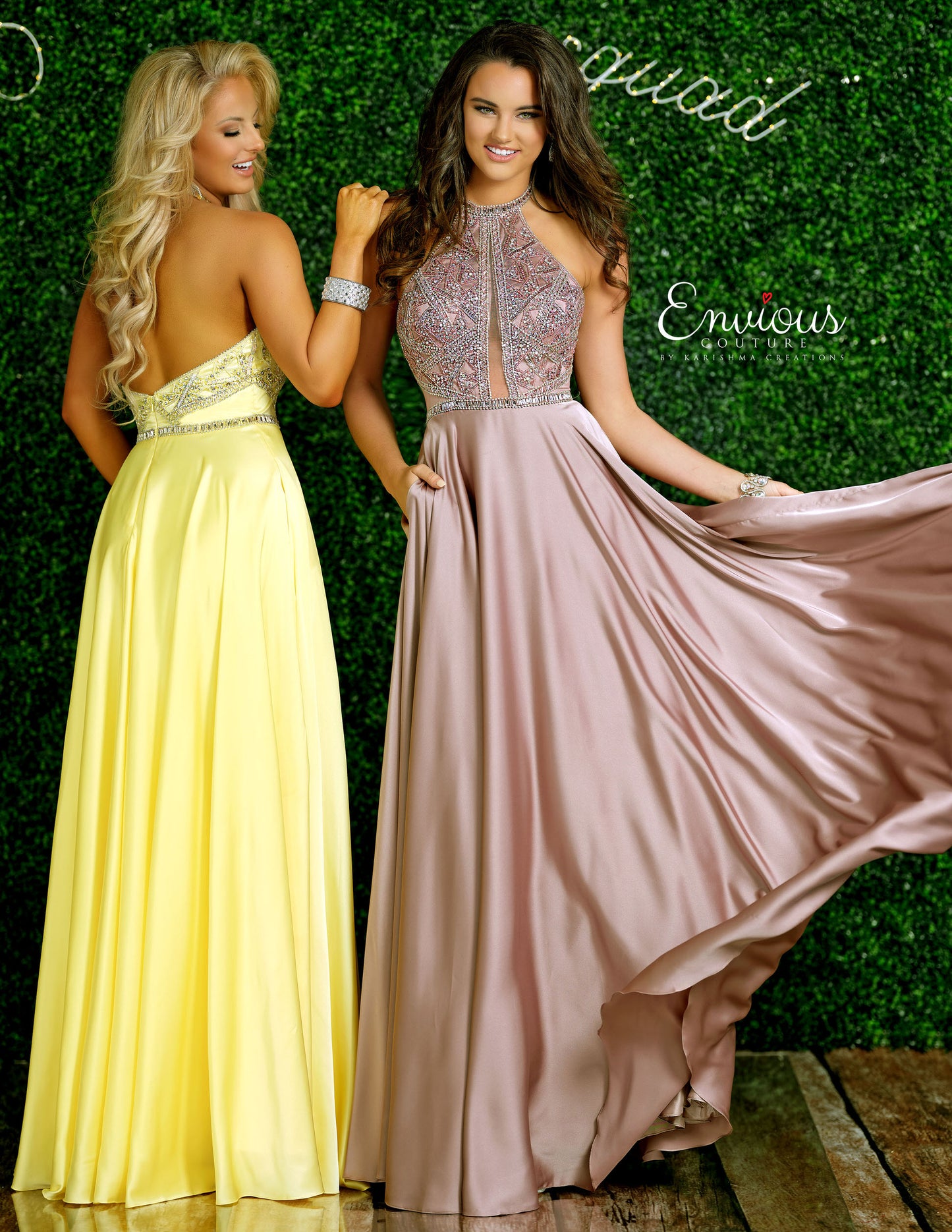 Envious Couture E1404 Karishma Creations is a Long satin A line Prom Dress. High Neck Embellished Bodice with sheer plunging cutout flowing into a satin skirt with pockets.   Available Sizes: 4  Colors: Yellow