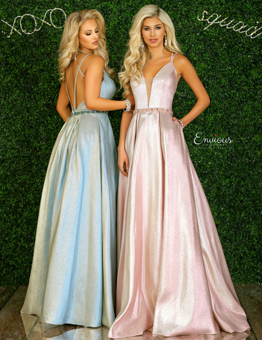 Envious Couture E1439 Size 0 Pink Iridescent Shimmer Prom Dress Ball Gown Plunging Neckline Long
