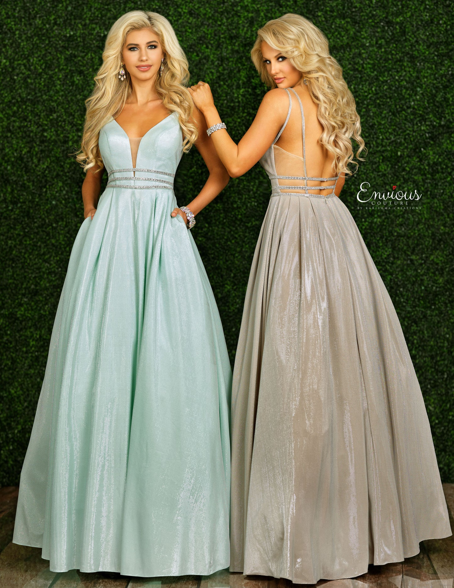 Envious Couture 1441 Size 10 Iridescent Shimmer Mint Prom Dress Ball Gown Metallic Plunging Neckline