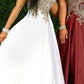 Envious Couture E1512 is a Long A line Prom, Pageant & Formal evening dress. Featuring embellished Applique Accents along the Bust & Bodice, Plunging neckline with mesh insert. Open v back. High waist a line skirt with beaded appliques cascading into the skirt.  1512  Size:  14  Colors: Ivory/Gold