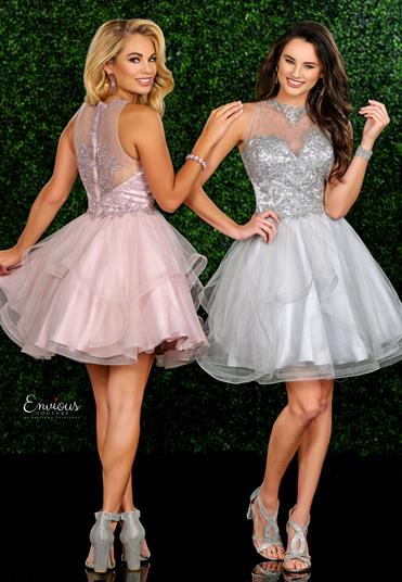 Envious Couture 1558 Size 16 Silver Short Ruffle Cocktail Prom Dress Sheer Illusion Beaded