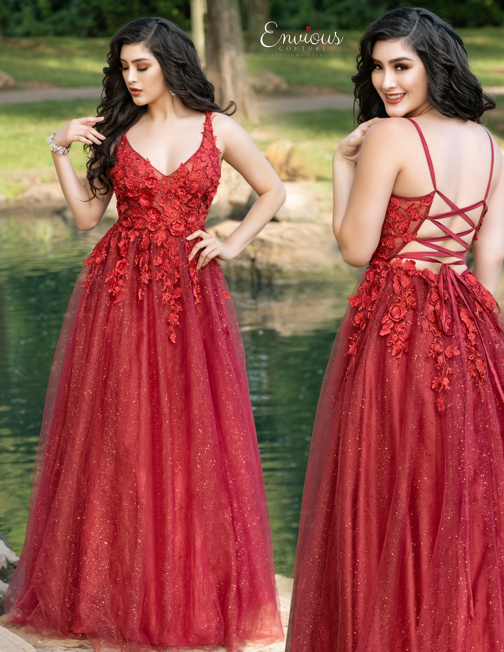 Envious Couture E1628 V neckline prom dress with 3D floral details on the sheer bodice that flow down the glitter tulle skirt.  This evening gown has a lace up corset tie in the open back. Make a statement at your next formal event, pageant or prom. Available colors:  Wine, Nude, Royal  Available sizes:  00, 0, 2, 4, 6, 8, 10, 12, 14, 16, 18, 20