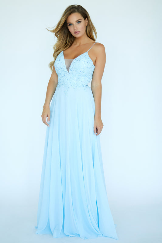 Jolene E20001 Size 12 Blue Long Chiffon V Neck Floral Applique Prom Dress Formal Gown Flowing