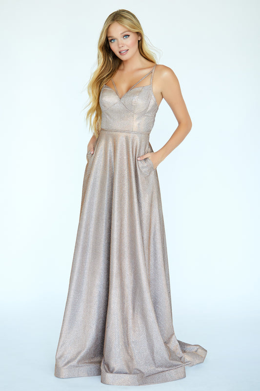 Jolene Exclusive 20016 Size 2 Copper Long Glitter A Line Prom Dress Pockets Open Back Formal
