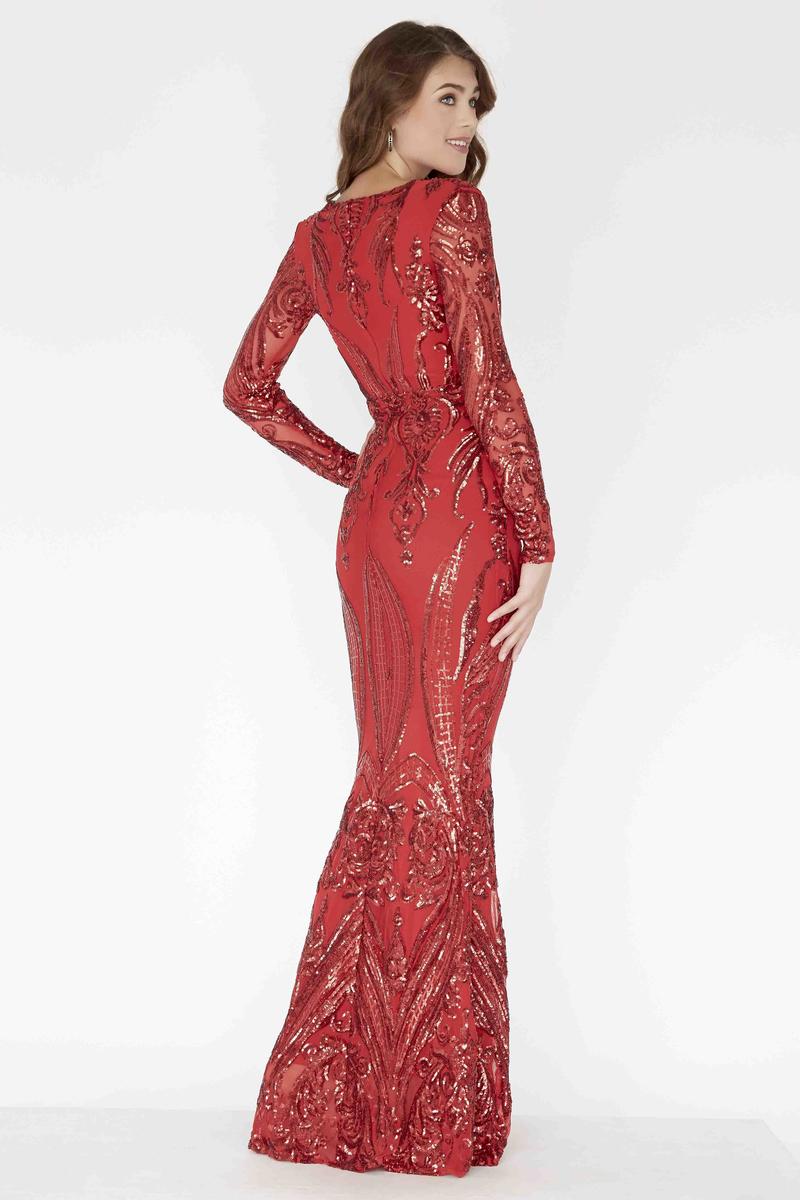 Jolene Exclusive E80001 Size Med (8-10) Red Long Sequin V Neck Long Sleeve Formal Prom Dress Evening
