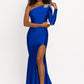 Johnathan Kayne 2224 One long sleeve fitted prom dress with embellishments on the shoulder.  This fitted long pageant gown has a high slit.  Colors  Black, Hot Pink,  Royal, Red  Sizes  00, 0, 2, 4, 6, 8, 10, 12, 14, 16, 18, 20, 22, 24