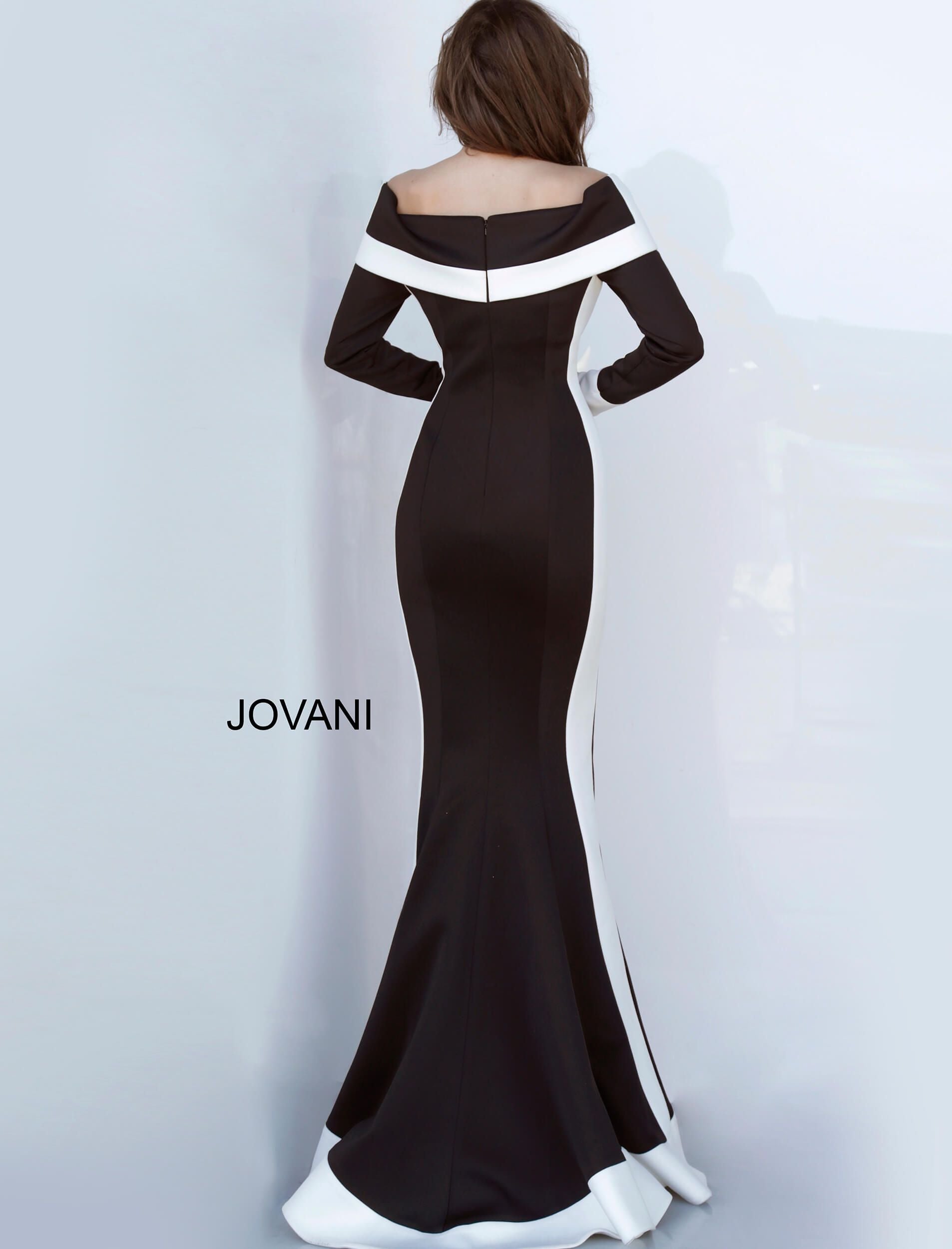 Jovani 4062 off the shoulder long sleeve black and white evening gown Black and white stripe evening dress featuring a square off-the-shoulder folded neckline and long sleeve bodice, closed back with zipper closure. Floor-length bodycon skirt with a gently flared end. Available colors:  Black/White  Available sizes:  00-24