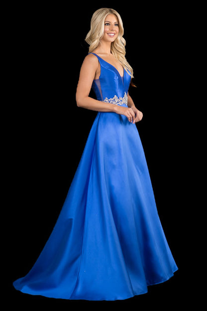 Nina Canacci 2297 plunging neckline A line prom dress formal evening gown with an embellished waistline. Perfect for a wedding dress in Ivory.   Color: Ivory, Emerald, Royal  Sizes:  8,10,12,14,16, 18, 20, 22, 24 