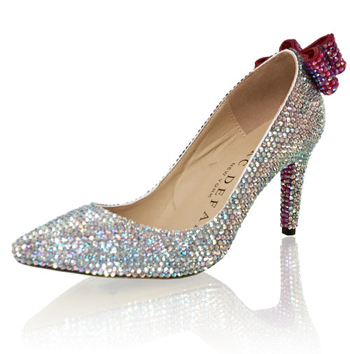 Marc Defang AB Crystal Pointed Pageant Heels Prom Shoes Bow  DESCRIPTION Featured base crystal color: AB Crystals Featured bow crystal color: AB Red  Featured heel height: 3" heels Featured shoe style: Pointed toes. 100% custom handmade product, industry's highest quality standard. Our sizes are true to size based on US standard Regular Fit.  Available Sizes: 5.5, 6, 6.5, 7, 7.5, 8, 8.5, 9, 9.5, 10, 11 (Average 30 days before Arrival - custom made)
