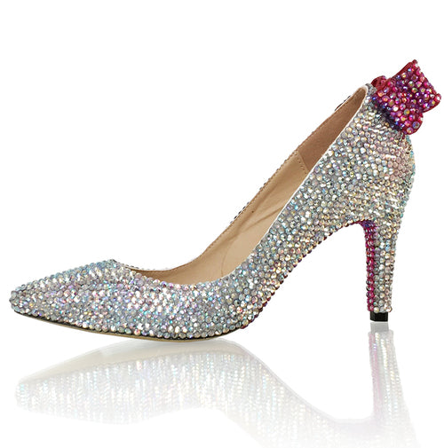 Marc Defang AB Crystal Pointed Pageant Heels Prom Shoes Bow  DESCRIPTION Featured base crystal color: AB Crystals Featured bow crystal color: AB Red  Featured heel height: 3" heels Featured shoe style: Pointed toes. 100% custom handmade product, industry's highest quality standard. Our sizes are true to size based on US standard Regular Fit.  Available Sizes: 5.5, 6, 6.5, 7, 7.5, 8, 8.5, 9, 9.5, 10, 11 (Average 30 days before Arrival - custom made)