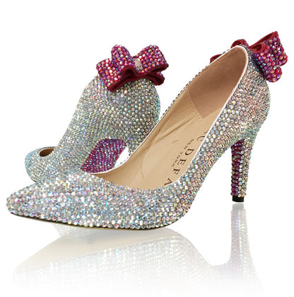 Marc Defang AB Crystal Pointed Pageant Heels Prom Shoes Bow  DESCRIPTION Featured base crystal color: AB Crystals Featured bow crystal color: AB Red  Featured heel height: 3" heels Featured shoe style: Pointed toes. 100% custom handmade product, industry's highest quality standard. Our sizes are true to size based on US standard Regular Fit.  Available Sizes: 5.5, 6, 6.5, 7, 7.5, 8, 8.5, 9, 9.5, 10, 11 (Average 30 days before Arrival - custom made)